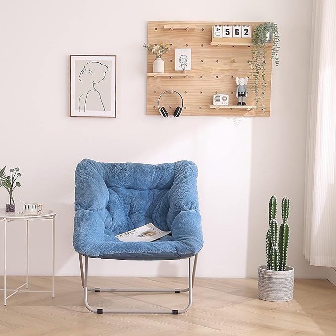 Tiita Comfy Saucer Chair, Soft Faux Fur Oversized Folding Accent Chair, Lounge Lazy Chair for Kids Teens Adults, Metal Frame Moon Chair for Bedroom, Living Room, Dorm Rooms, X-Large, Blue - LeafyLoom