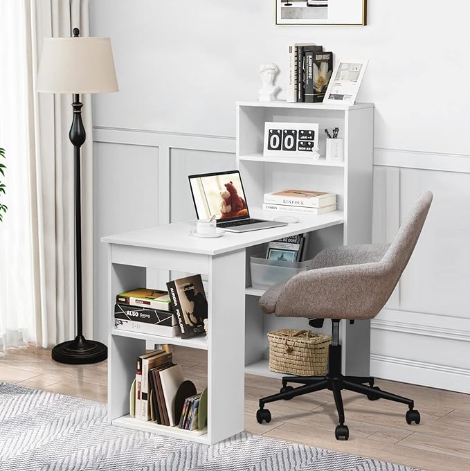 Computer Desk with Shelves, White - LeafyLoom