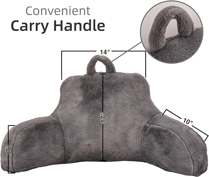A Nice Night Faux Fur Reading Pillow Bed Wedge Large Adult Children Backrest with Arms Back Support for Sitting Up in Bed / Couch for Bedrest,Gray (Standard) - LeafyLoom