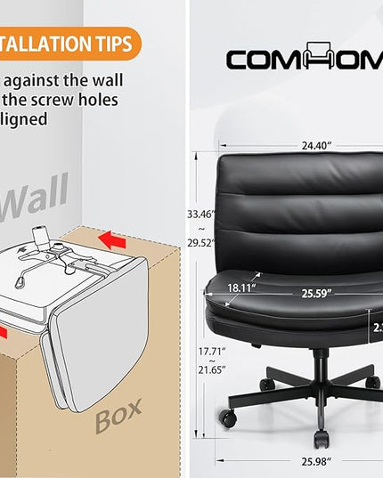 COMHOMA Criss Cross Chair with Wheels, Armless Wide Cross Legged Office Chair Mid Back, Modern Home Office Desk Chair Swivel Adjustable Vanity Computer Chair, Black - LeafyLoom
