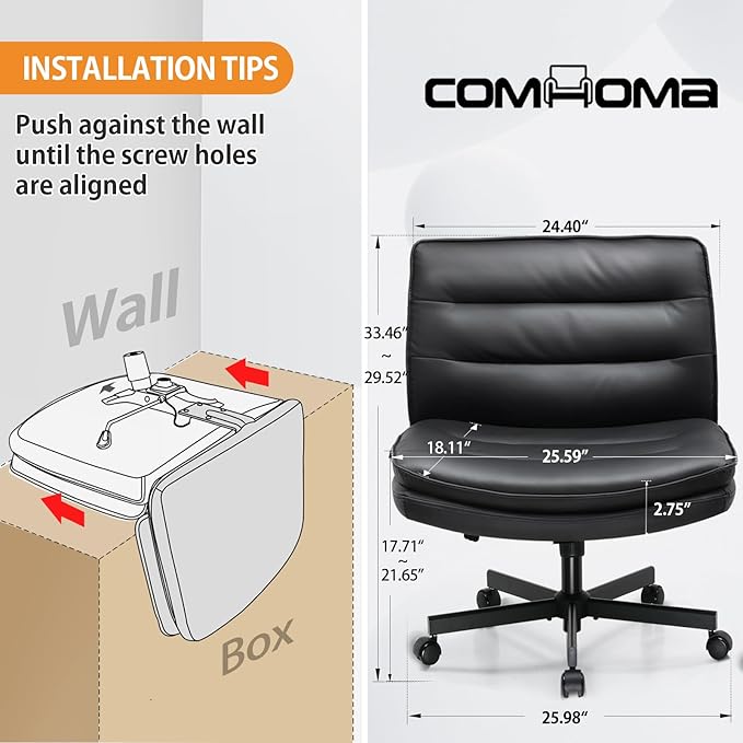 COMHOMA Criss Cross Chair with Wheels, Armless Wide Cross Legged Office Chair Mid Back, Modern Home Office Desk Chair Swivel Adjustable Vanity Computer Chair, Black - LeafyLoom