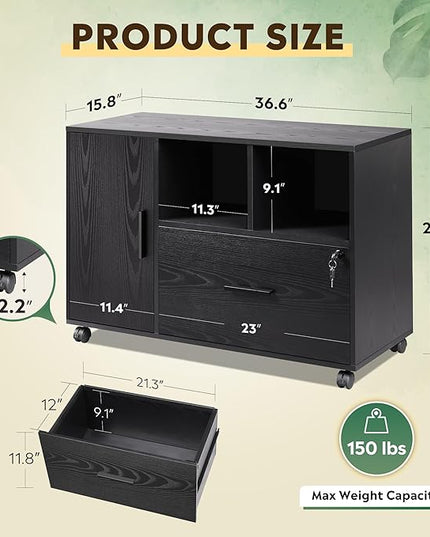 DEVAISE Office File Cabinet with Lock, 1-Drawer Wood Lateral Filing Cabinet on Wheels, Printer Stand with Open Storage Shelves for Home Office, Black - LeafyLoom