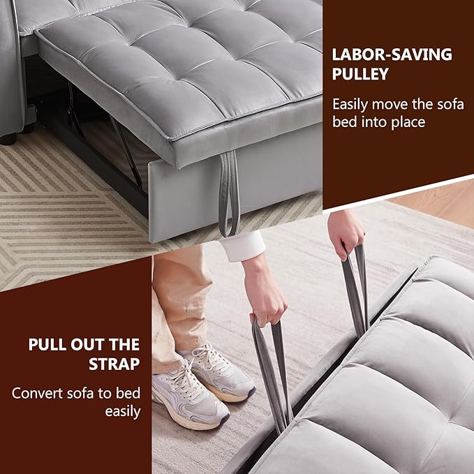 3 in 1 Loveseat Velvet Convertible Chair with 2 Pockets & 2 Pillows for Living Room, Grey - LeafyLoom