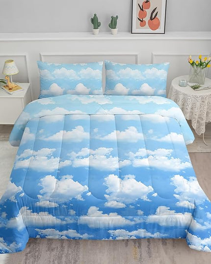 Axolotl Blue Cloud Comforter Set Queen,Light Blue Bedding Set,Cloud Sky Comforter Set Blue Sky and White Clouds Design Bedding Set,Sky Blue Comforter for Kids Girls Boys Teens,1 Quilt 2 Pillowcases - LeafyLoom