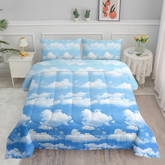 Axolotl Blue Cloud Comforter Set Twin,Light Blue Bedding Set,Cloud Sky Comforter Set Blue Sky and White Clouds Design Bedding Set,Sky Blue Comforter for Kids Girls Boys Teens,1 Quilt 2 Pillowcases - LeafyLoom