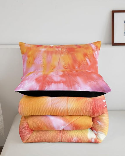 Girls Tie Dye Comforter Set with Pillowcase Trippy Bedding Boho Hippie Psychedelic Gypsy Down Comforter Twin Kids Bed Sets Soft Machine Washable Pastel Duvet Quilt Set, Orange Yellow Pink Purple Blue - LeafyLoom
