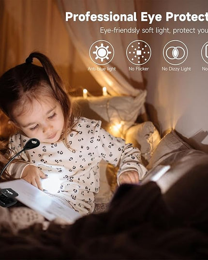 Book Lights for Reading in Bed, 12 LEDs Rechargeable Battery Clip Lamp with 3 Lighting Color, Stepless Dimming, Eye Protection, 80 Hours Runtime, 360° Flexible Gooseneck, Lightweight, Portable - LeafyLoom