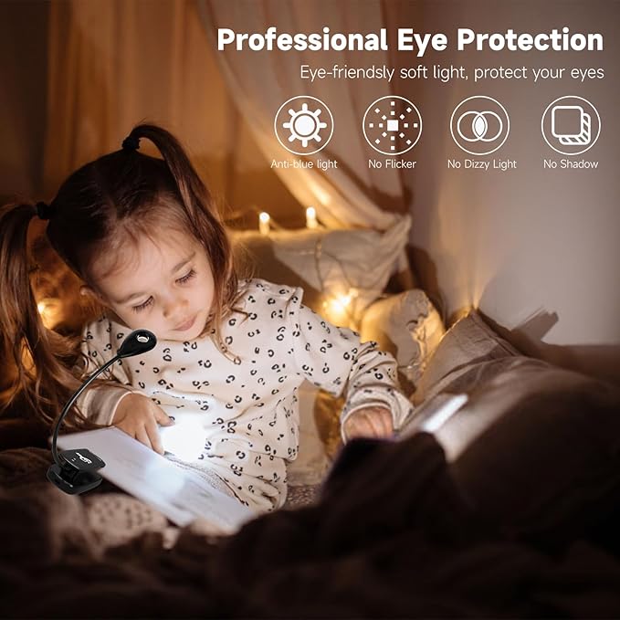 Book Lights for Reading in Bed, 12 LEDs Rechargeable Battery Clip Lamp with 3 Lighting Color, Stepless Dimming, Eye Protection, 80 Hours Runtime, 360° Flexible Gooseneck, Lightweight, Portable - LeafyLoom