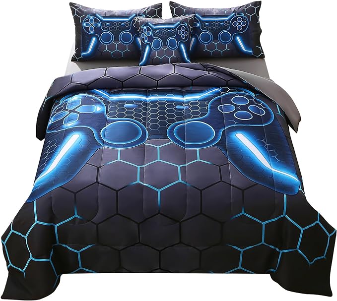 JQinHome Full Gamer Comforter Set,6 Piece Bed in A Bag 3D Video Game Bedding -All Season Down Alternative Gamer Bedding Sets - (Blue Game Controller) - LeafyLoom