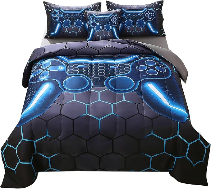 JQinHome Twin Gamer Comforter Set for Boys,6 Piece Bed in A Bag 3D Video Game Bedding -All Season Soft Microfiber Down Alternative Comforter Gamer Bedding Sets for Kids - LeafyLoom