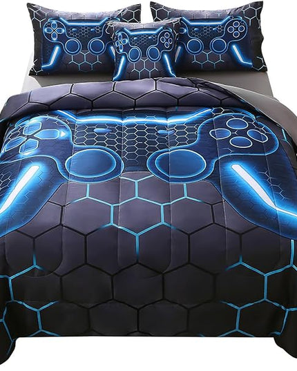 JQinHome Queen Gamer Comforter Set,6 Piece Bed in A Bag 3D Video Game Bedding -All Season Down Alternative Gamer Bedding Sets - (Blue Game Controller) - LeafyLoom