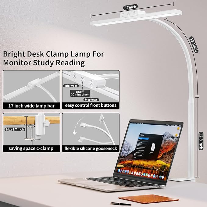 KableRika Desk Lamp,Led Desk Lamps with Clamp,Architect Desk Lights for Home Office Desktop Office Lamp 4-Brightness 4-Color Eye Care Overhead Table Lamp for Computer Monitor Study Reading White - LeafyLoom