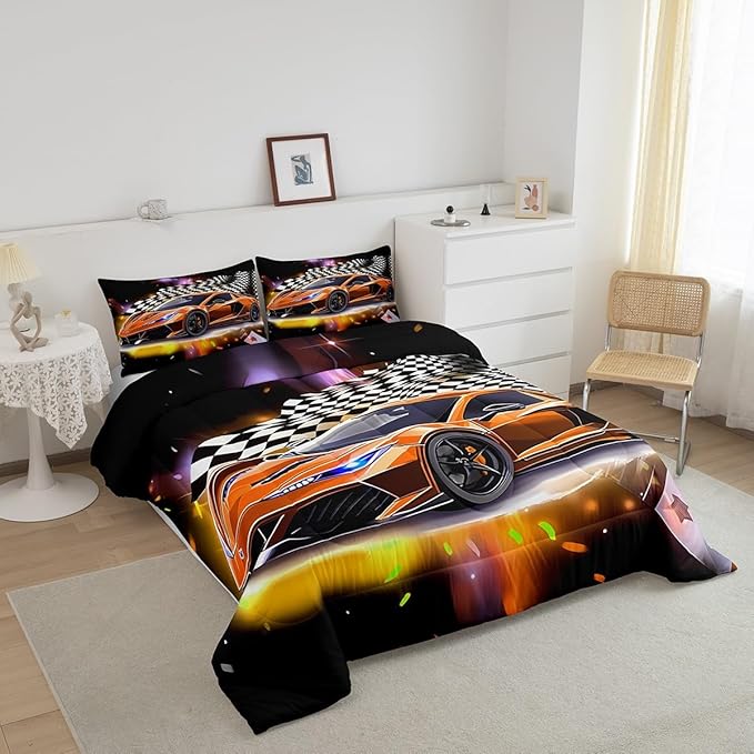 Feelyou Sports Car Comforter Set Queen, Orange Racing Car Bedding Set 3pcs for Kids Boys Teens Bedroom Cool Speed Luxury Car Decor, Black White Plaid Grid Print Quilt Set with 2 Pillowcases - LeafyLoom