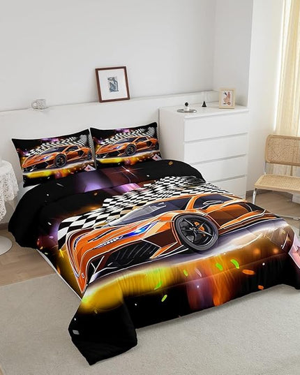 Feelyou Sports Car Comforter Set King Size, Orange Racing Car Bedding Set 3pcs for Kids Boys Teens Bedroom Cool Speed Luxury Car Decor, Black White Plaid Grid Print Quilt Set with 2 Pillowcases - LeafyLoom