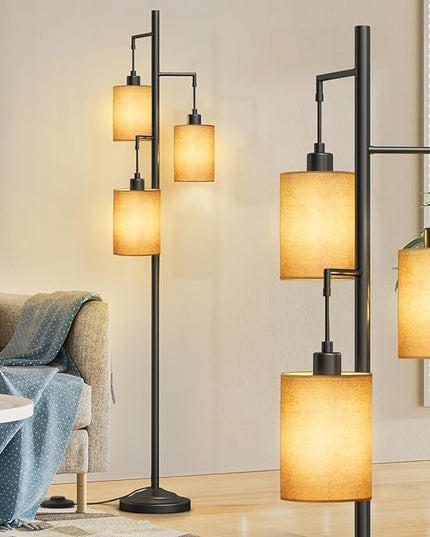 3-Lights Boho Floor Lamps with ON/OFF Foot Switch Tree Standing Lamp with Hanging Lampshades Farmhouse Floor Lamp Tall Pole Lamp for Living Room Bedroom Office, 3 PCS 6W Bulbs Included - LeafyLoom