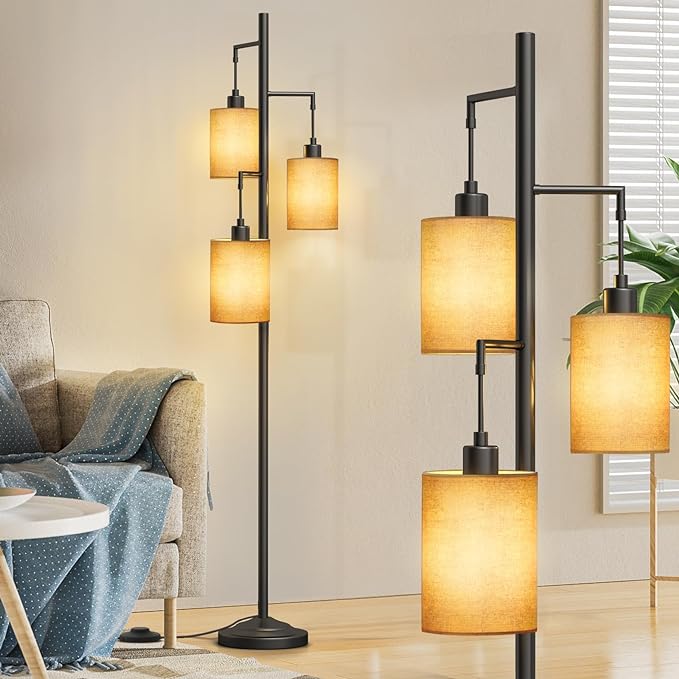 3-Lights Boho Floor Lamps with ON/OFF Foot Switch Tree Standing Lamp with Hanging Lampshades Farmhouse Floor Lamp Tall Pole Lamp for Living Room Bedroom Office, 3 PCS 6W Bulbs Included - LeafyLoom