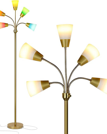 Brightech Medusa Modern LED Floor Lamp – Multi Head Floor Lamp for Living Rooms & Offices – Tall Lamp with Interchangeable Shade, Standing Lamp with 5 LED Bulbs for Hobbies - Brass - LeafyLoom