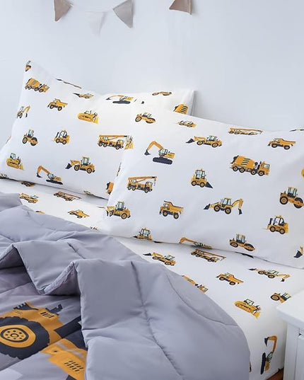 Full Size Comforter Set for Boys, 4-Piece Bed in a Bag, 3D Construction Bedding Comforter Sheet Set, Ultra Soft and Fluffy, Cartoon Truck Cars - LeafyLoom