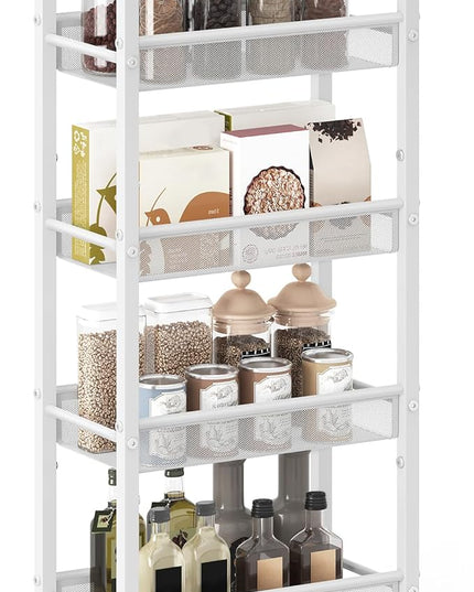 VASAGLE Slim Rolling Cart, 5-Tier Storage Cart, Narrow Cart with Handle, 8.7 Inches Deep, Metal Frame, for Kitchen, Dining Room, Living Room, Home Office, Oak Beige and White ULRC035W09 - LeafyLoom