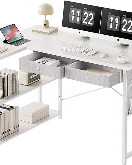 Small Desk with Drawers, 39" Corner Desk with Storage, Computer Desk with Shelves and Side Pouch, Study Table for Small Space with Storage, Corner L Shaped Desk for Home Office Bedroom, White - LeafyLoom