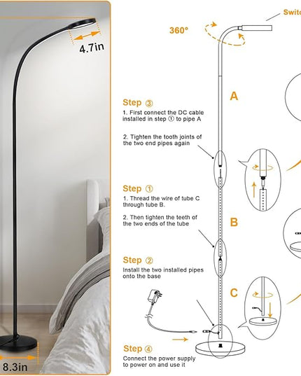 LED Floor Lamp,12W Gooseneck Floor Reading Lamps for Living Room with Remote & Touch Control,Stepless Adjustable Colors & Brightness Modern Dimmable Standing Lamp for Bedroom and Office - LeafyLoom
