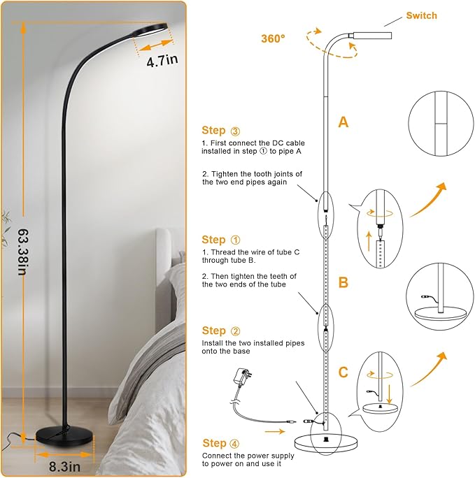 LED Floor Lamp,12W Gooseneck Floor Reading Lamps for Living Room with Remote & Touch Control,Stepless Adjustable Colors & Brightness Modern Dimmable Standing Lamp for Bedroom and Office - LeafyLoom