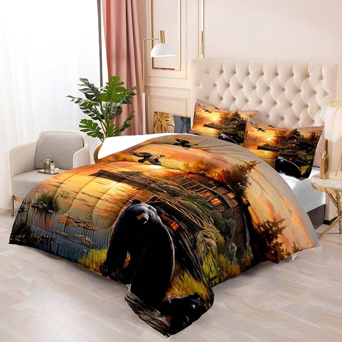 LUVIVIHOME 2PCS Black Bear Comforter Set Twin Size, Rustic Cabin Bedding, Forest Animals Mallard Duck Wildlife Hunting Hunter Country Lodge Farmhouse Bedroom Decor, Microfiber Quilt, 1 Pillow Sham - LeafyLoom