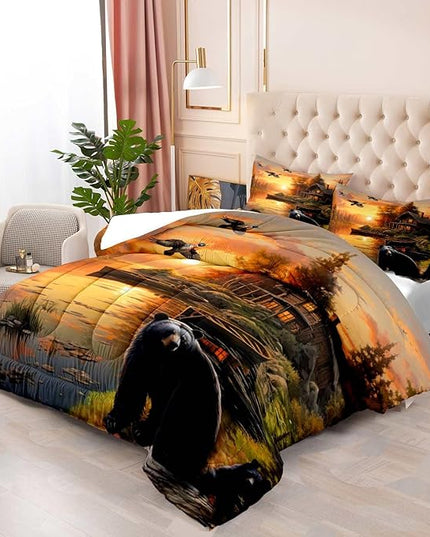LUVIVIHOME 3PCS Black Bear Comforter Set King Size, Rustic Cabin Bedding, Forest Animals Mallard Duck Wildlife Hunting Hunter Country Lodge Farmhouse Bedroom Decor, Microfiber Quilt, 2 Pillow Shams - LeafyLoom