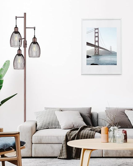 Dimmable Floor Lamp, 3 x 800LM LED Edison Bulbs Included, Farmhouse Industrial Floor Lamp Standing Lamp with Elegant Teardrop Cage Head Tall Lamp for Living Room Bedroom Office Dining Room - Brown - LeafyLoom