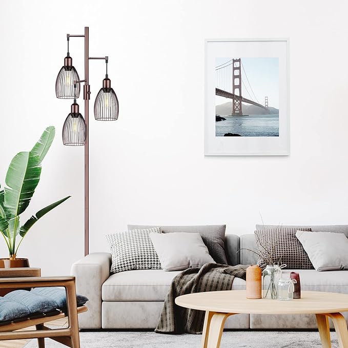 Dimmable Floor Lamp, 3 x 800LM LED Edison Bulbs Included, Farmhouse Industrial Floor Lamp Standing Lamp with Elegant Teardrop Cage Head Tall Lamp for Living Room Bedroom Office Dining Room - Brown - LeafyLoom