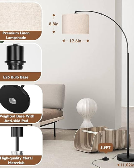 Arc Floor Lamps for Living Room, Modern Standing Lamp with Adjustable Hanging Drum Shade, 79'' Black Tall Pole Lamp with Weighted Base & Edison E26 Socket, Corner Light for Reading Bedroom Office - LeafyLoom