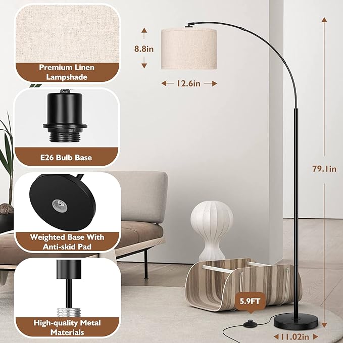 Arc Floor Lamps for Living Room, Modern Standing Lamp with Adjustable Hanging Drum Shade, 79'' Black Tall Pole Lamp with Weighted Base & Edison E26 Socket, Corner Light for Reading Bedroom Office - LeafyLoom