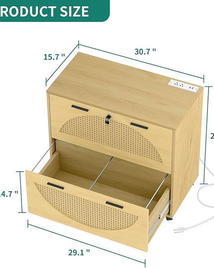 YITAHOME 2 Drawer File Cabinet with Charging Station, Rattan Filing Cabinet with Lock, Wood File Cabinet with Wheels, Home Office Furniture Fits A4, Letter, Legal Size Files - LeafyLoom