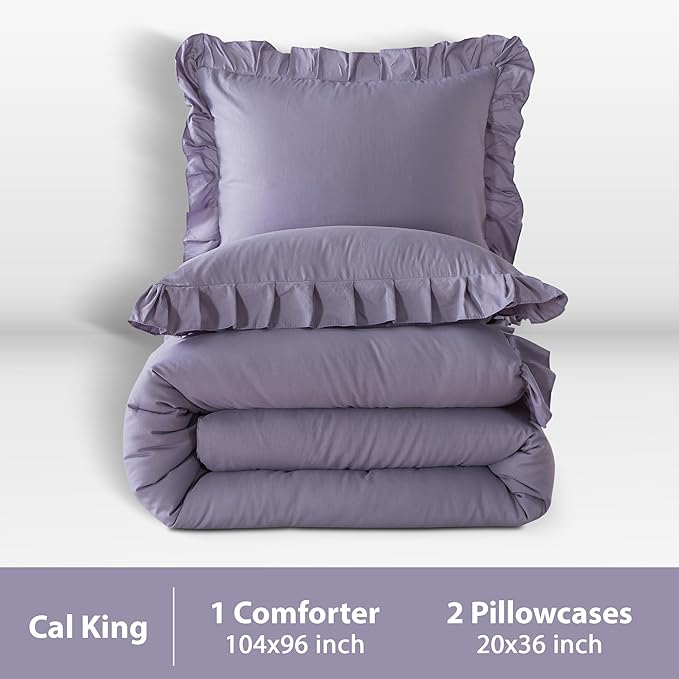 Andency Grayish Purple California King Comforter Set, 3 Pieces Cal King Ruffle Purple Comforter, Lightweight Oversized Farmhouse Shabby Chic Soft Microfiber Bedding Comforter Set (104x96Inch) - LeafyLoom