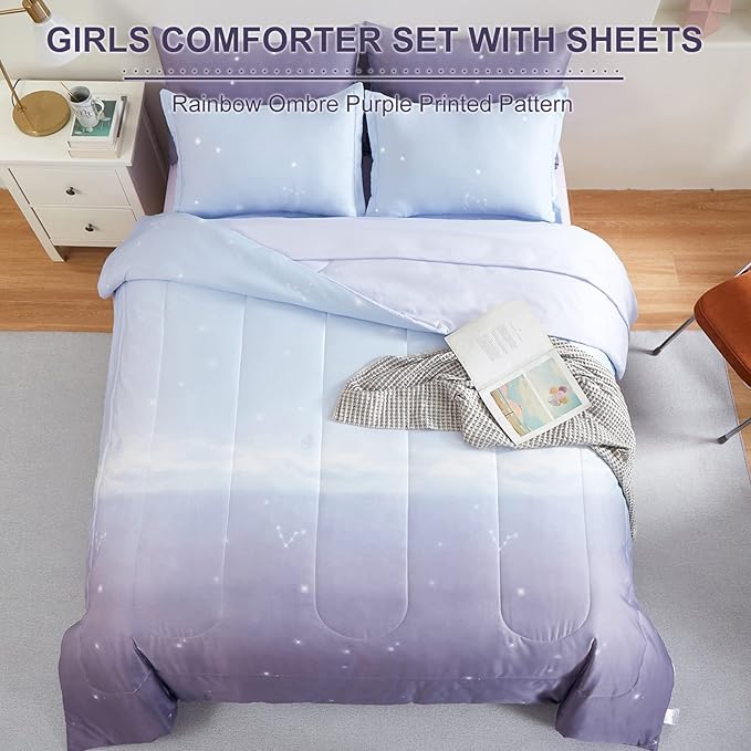 Girls Comforter Set Full Size Colorful Ombre Purple Rainbow Bedding Set Bed in A Bag for Kid Teen Girls 7 Pieces (1 Comforter, 1 Flat Sheet, 1 Fitted Sheet, 2 Pillow shams, 2 Pillowcases) - LeafyLoom