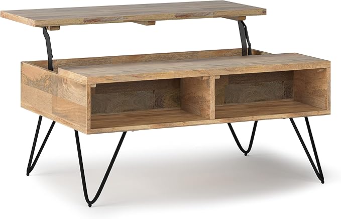 SIMPLIHOME Hunter SOLID MANGO WOOD and Metal 36 inch Wide Rectangle Industrial Contemporary Small Lift Top Coffee Table in Natural, for the Living Room and Family Room - LeafyLoom