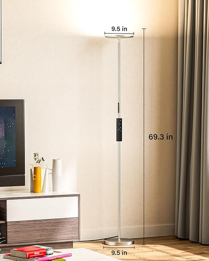 Modern LED Floor Lamp - Remote & Touch Control, 40W/2400LM Sky Torchiere Standing Lamp, Fully Dimmable, 3 Color Temperatures, Ideal for Living Room & Bedroom, Easy to Assemble(Sliver) - LeafyLoom