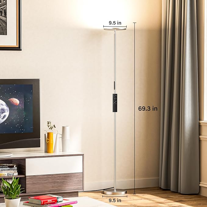 Modern LED Floor Lamp - Remote & Touch Control, 40W/2400LM Sky Torchiere Standing Lamp, Fully Dimmable, 3 Color Temperatures, Ideal for Living Room & Bedroom, Easy to Assemble(Sliver) - LeafyLoom
