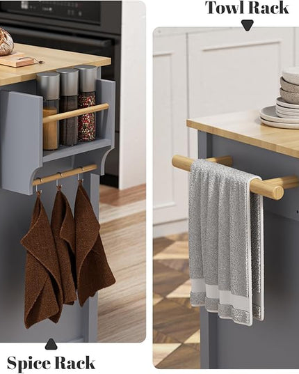 Large Kitchen Island On Wheels with Storage 54in Width Mobile Moveable Portable Rolling Wood Island for Kitchen Dining Room with Drawers Cabinet Spice Rack Towel Rack - LeafyLoom