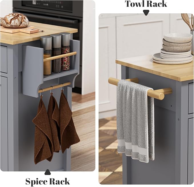Large Kitchen Island On Wheels with Storage 54in Width Mobile Moveable Portable Rolling Wood Island for Kitchen Dining Room with Drawers Cabinet Spice Rack Towel Rack - LeafyLoom