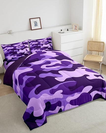Queen Size Camouflage Comforter Set 3Pcs Kids Bedding Set for Boys Girls Teens 1 Comforter & 2 Pillowcases(Queen,Purple) Boys - LeafyLoom