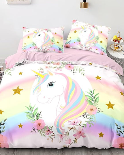 Kids Comforter Bedding Set 3 Piece Super Soft Breathable Print Kids Bedding Sets for Girls, Machine Washable Durable Comforter Set with Comforter, 2 Pillowcases Flowers Stars (Twin,Unicorn) - LeafyLoom