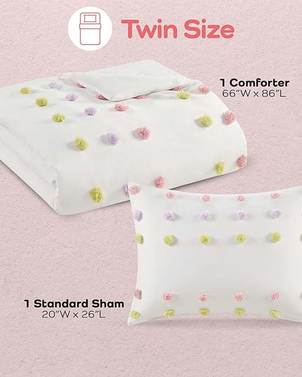 Mi Zone Kids Twin Comforter Set, Fun and Adorable Multi-Color Clipped Jacquard Pompom Bedding, Microfiber Lightweight All Seasons Down Alternative Bedding, Sham, Cora, Twin Pink Multi 2 Piece - LeafyLoom