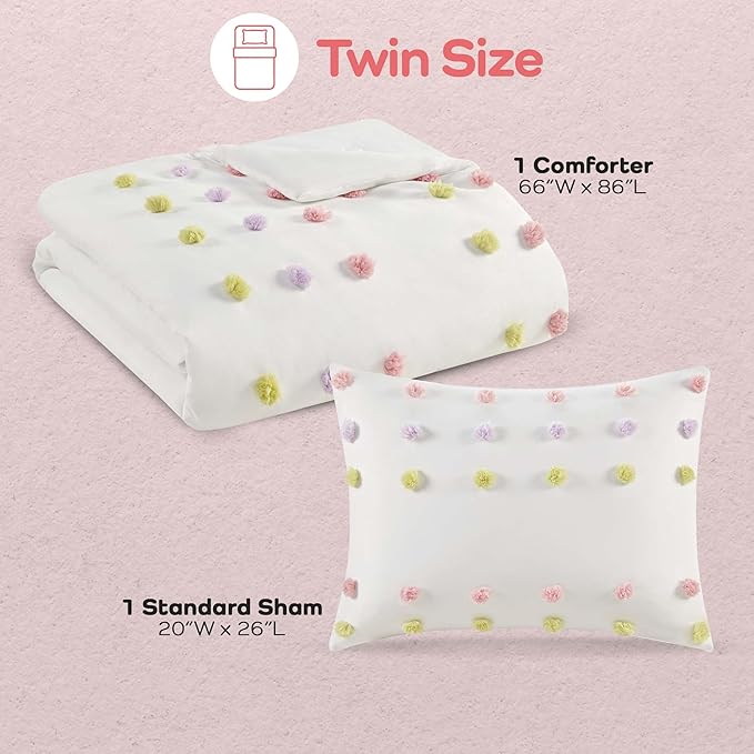 Mi Zone Kids Twin Comforter Set, Fun and Adorable Multi-Color Clipped Jacquard Pompom Bedding, Microfiber Lightweight All Seasons Down Alternative Bedding, Sham, Cora, Twin Pink Multi 2 Piece - LeafyLoom