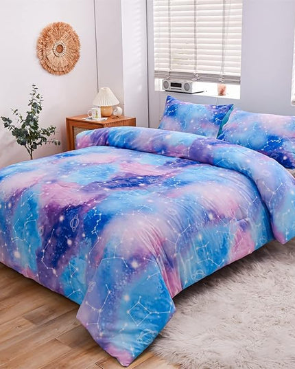 Holawakaka Tie Dye Constellation Print Ombre Comforter Set Queen Size Boys Girls Gradient Galaxy Bedding Set (Blue Purple, Queen) - LeafyLoom