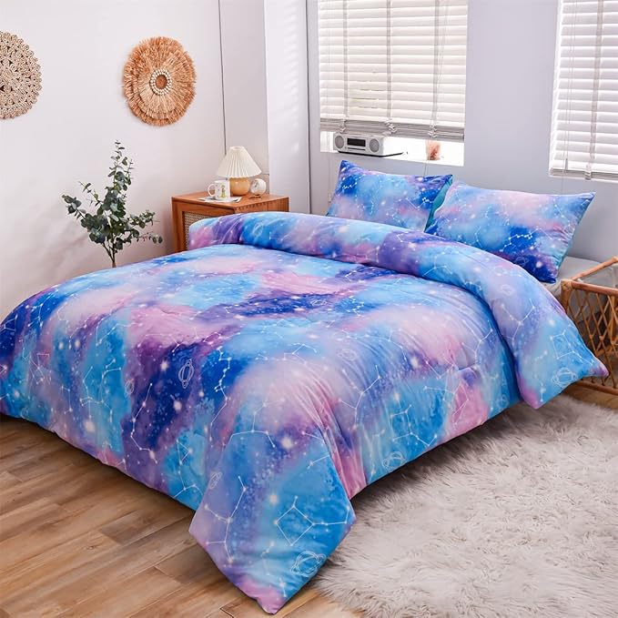Holawakaka Tie Dye Constellation Print Ombre Comforter Set Queen Size Boys Girls Gradient Galaxy Bedding Set (Blue Purple, Queen) - LeafyLoom