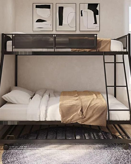 Twin over Full Metal Bunk Bed with Trundle,Sturdy-Metal Bed-Frame,Noise-Free Wood Slats,Comfortable Textilene Guardrail,Space-saving Trundle,Bunk-Bed for Three,No Box Spring Needed,Black - LeafyLoom