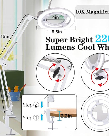 10X Magnifying Glass with Light, KIRKAS 2,200 Lumens LED Magnifying Lamp with Clamp, Stepless Dimmable Real Glass Lens Magnifier, Adjustable Arm Workbench Light for Close Work Hobby Repair - White - LeafyLoom