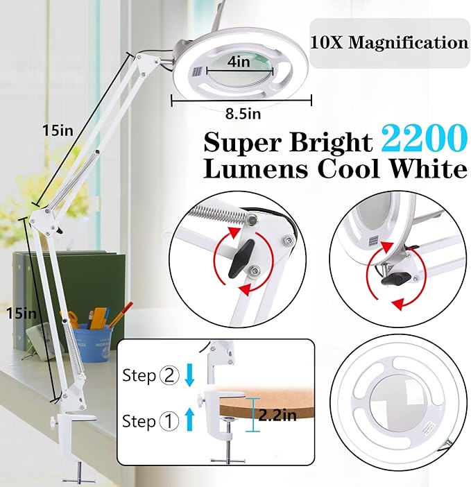 10X Magnifying Glass with Light, KIRKAS 2,200 Lumens LED Magnifying Lamp with Clamp, Stepless Dimmable Real Glass Lens Magnifier, Adjustable Arm Workbench Light for Close Work Hobby Repair - White - LeafyLoom