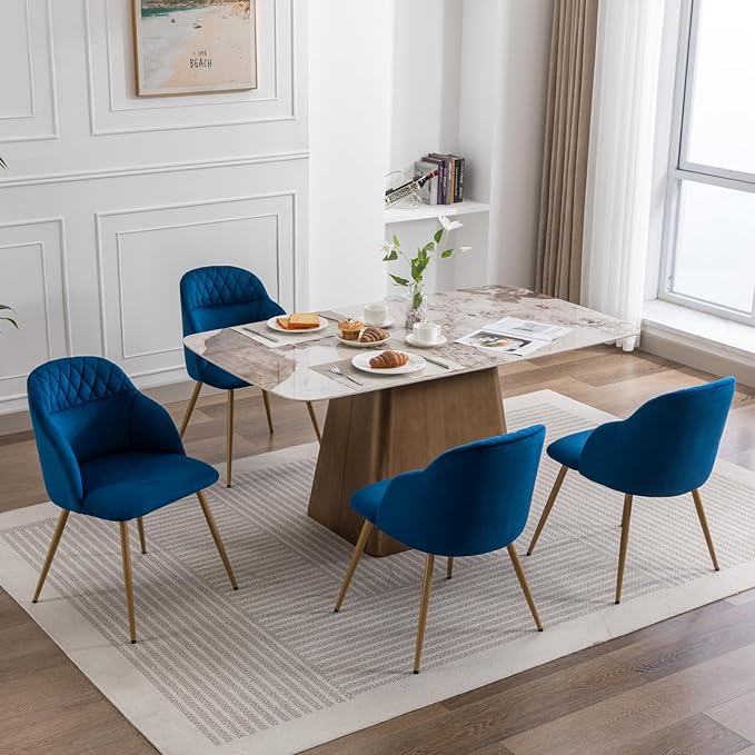 Velvet Dining Chairs Sets of 2, Modern Upholstered Accent Side Chairs with Arm Gold Metal Legs for Kitchen Living Bed Room, Blue - LeafyLoom